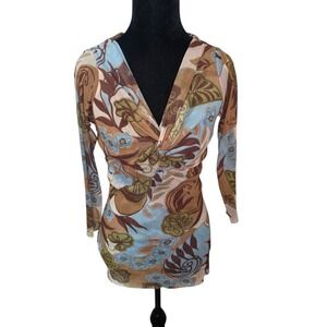 Y2K Mesh Top XL Sheer Floral Long Sleeve Stretch 2000s Boho Fairycore